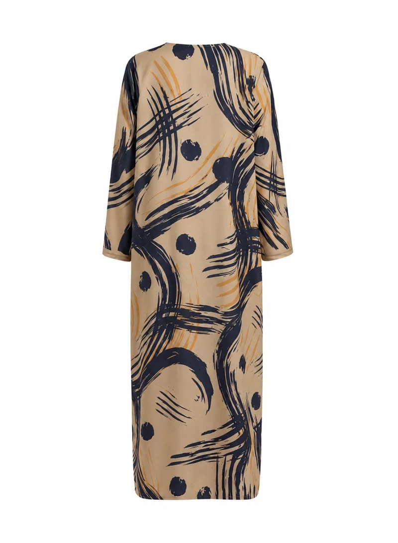 Amnad International Women's Silk Abaya, Sand Beige with Charcoal Black Abstract Brush Print, Full Length Modest Kaftan Dress with Matching Hijab, Sizes 52-60 inches