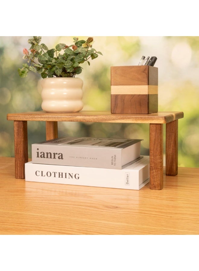 Acacia Wood Desktop Organizer Shelf, Kitchen Cabinet and Counter Riser Display Shelf for Top of Desk Home Office Bathroom Coffee Table Display Stand - Image 2