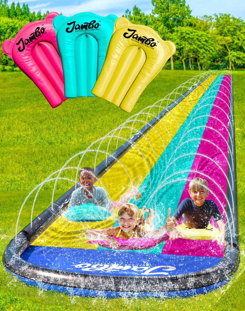 JAMBO 20Ft XL Premium 3 Lane Slip Splash and Slide with 3 Bodyboards, Heavy Duty Water Slide- Advanced 3-Way Water Sprinkler System, Backyard Waterslide Outdoor Water Toys n Slides for Kids Splash Pad - Image 1