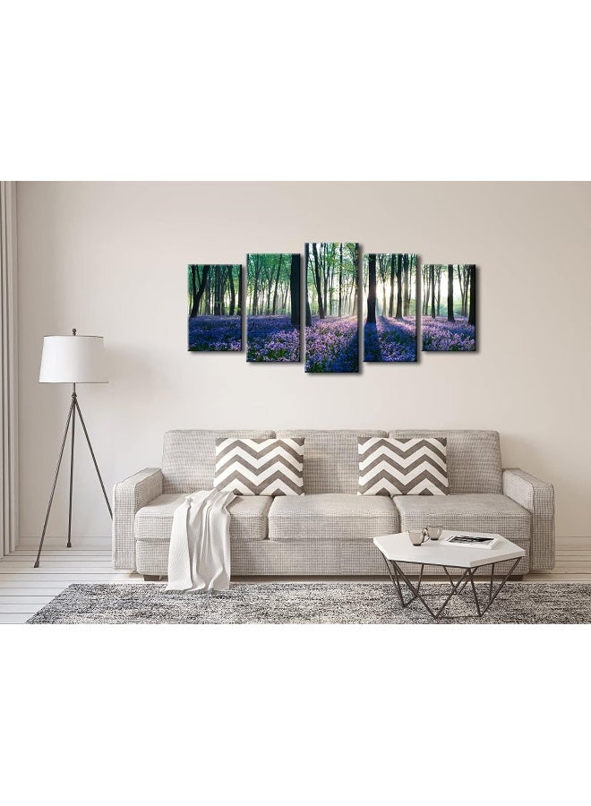 Pyradecor Early Morning Lavender Canvas Prints Wall Art Purple Floral Pictures Paintings for Bedroom Kitchen Bathroom Home Decor Modern 5 panels Stretched Flowers Landscape Artwork - Image 2