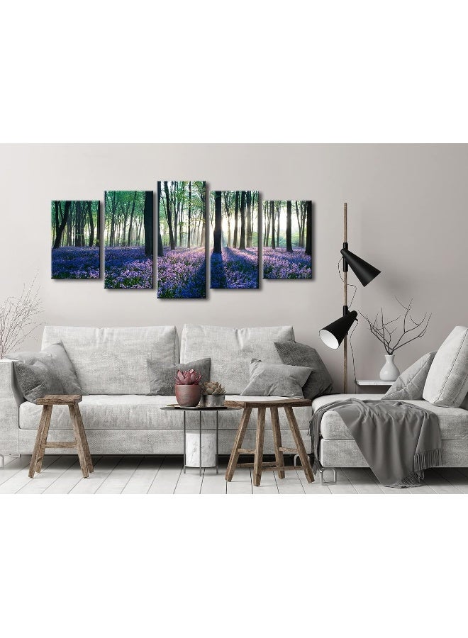 Pyradecor Early Morning Lavender Canvas Prints Wall Art Purple Floral Pictures Paintings for Bedroom Kitchen Bathroom Home Decor Modern 5 panels Stretched Flowers Landscape Artwork - Image 4