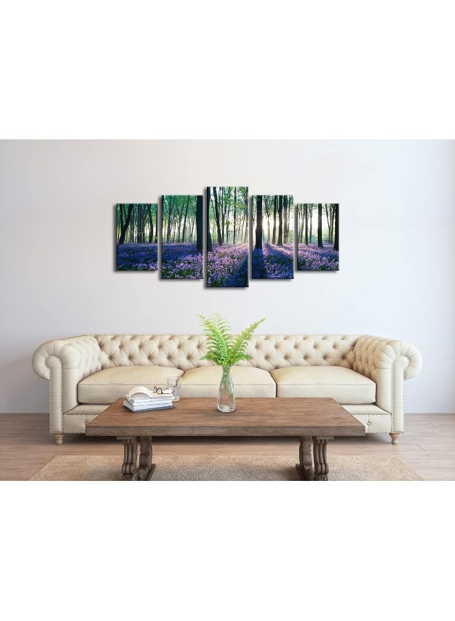 Pyradecor Early Morning Lavender Canvas Prints Wall Art Purple Floral Pictures Paintings for Bedroom Kitchen Bathroom Home Decor Modern 5 panels Stretched Flowers Landscape Artwork - Image 3