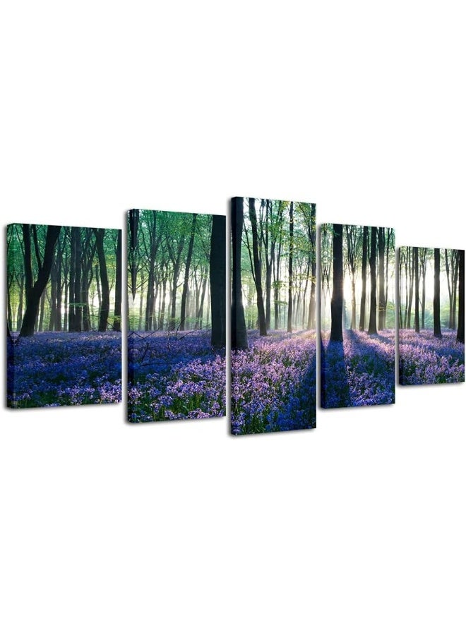 Pyradecor Early Morning Lavender Canvas Prints Wall Art Purple Floral Pictures Paintings for Bedroom Kitchen Bathroom Home Decor Modern 5 panels Stretched Flowers Landscape Artwork - Image 1
