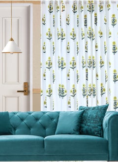 OJARIYA Hand Block Printed 100 Percent Premium Organic Cotton Floral Green  Curtain 274 X 152 Cm  - Image 1
