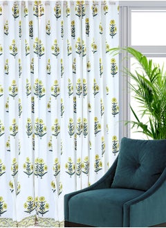OJARIYA Hand Block Printed 100 Percent Premium Organic Cotton Floral Green  Curtain 274 X 152 Cm  - Image 2