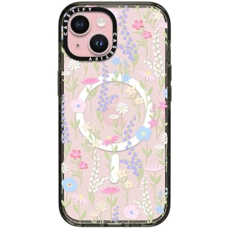 Casetify Impact iPhone 15 Case 【4X Military Grade Drop Tested / 8.2ft Drop Protection/Compatible with Magsafe】 - Pink Pastel Cute Floral - Clear Black - Image 1