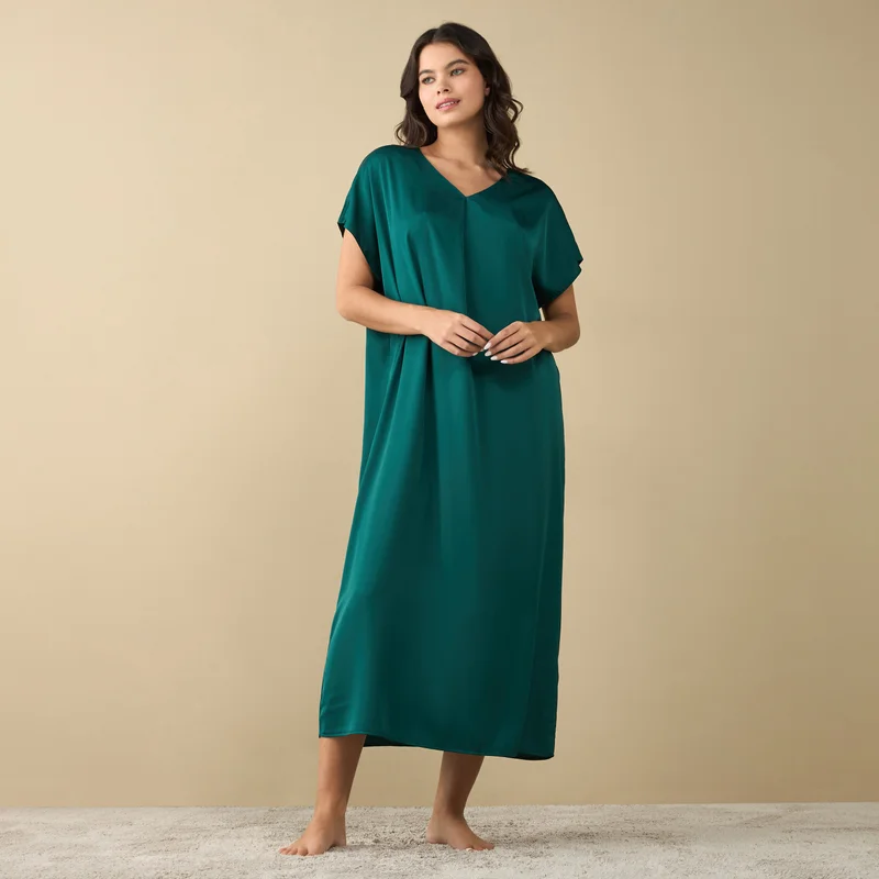 Splash FAV V-neck Satin Night Gown with Short Sleeves