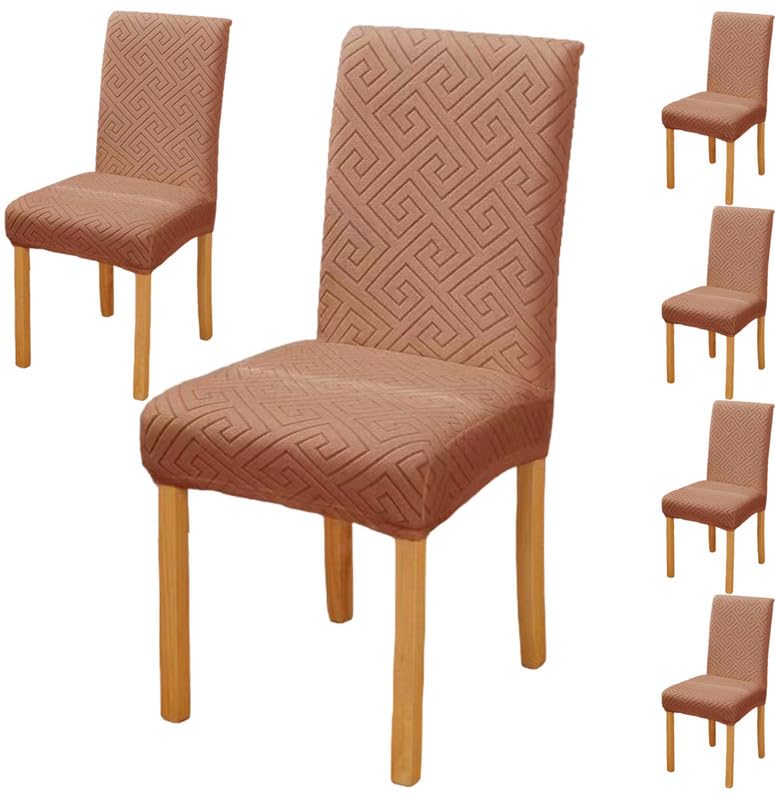 Styleys Elastic Chair Cover Stretch Removable Washable Jacquard Dining Chair Cover Protector Seat Slipcover Pack of 6 Khaki JCMC12 - Image 1