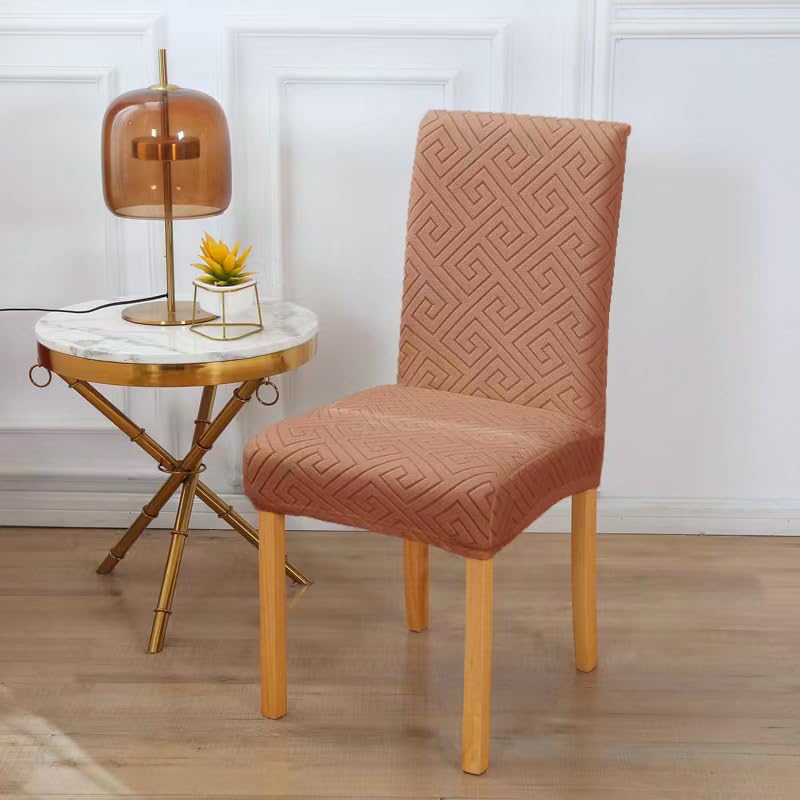 Styleys Elastic Chair Cover Stretch Removable Washable Jacquard Dining Chair Cover Protector Seat Slipcover Pack of 6 Khaki JCMC12 - Image 2