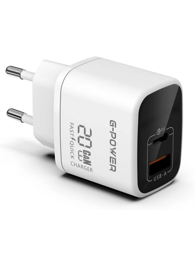 جي باور شاحن G-Power GP-C9 بقوة 20 واط بمنفذي USB (USB-A و USB-C) يدعم تقنية الشحن السريع Qualcomm Quick Charge 3.0، متوافق مع أجهزة iPhone 14/14 Plus/14 Pro/14 Pro Max/13، و Galaxy، و Pixel 4/3، و iPad - أبيض - Image 1