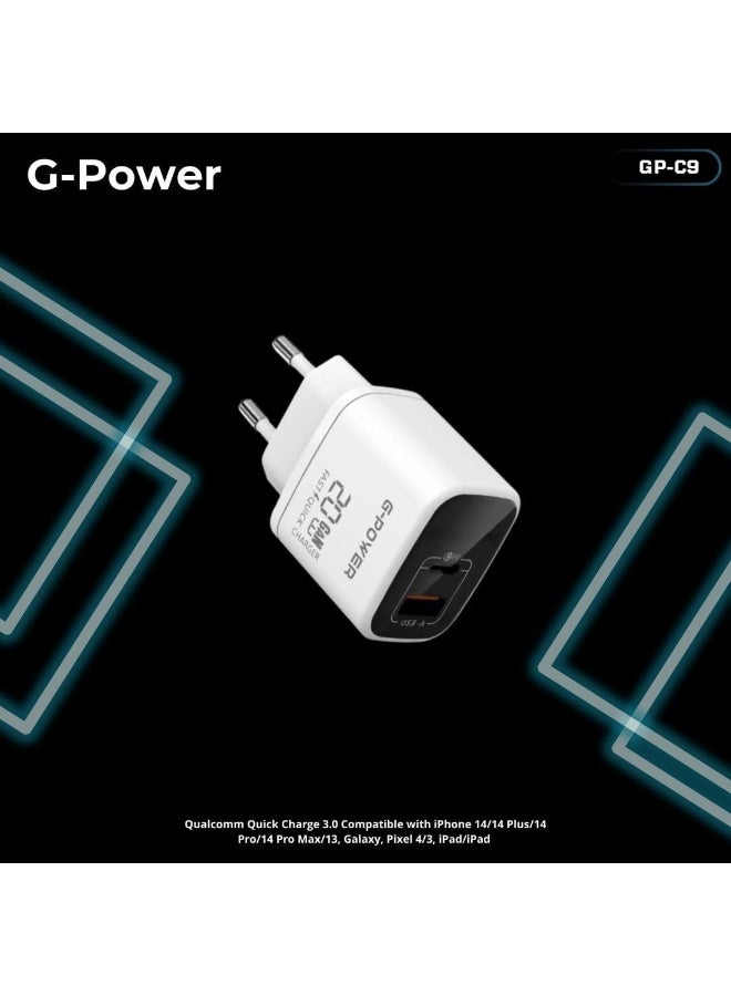 جي باور شاحن G-Power GP-C9 بقوة 20 واط بمنفذي USB (USB-A و USB-C) يدعم تقنية الشحن السريع Qualcomm Quick Charge 3.0، متوافق مع أجهزة iPhone 14/14 Plus/14 Pro/14 Pro Max/13، و Galaxy، و Pixel 4/3، و iPad - أبيض - Image 2