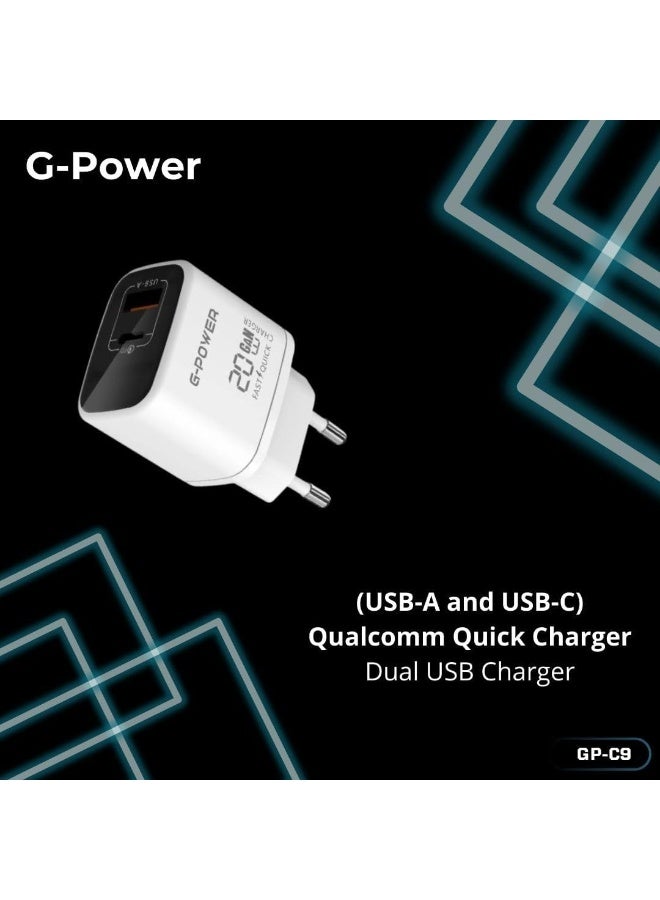 جي باور شاحن G-Power GP-C9 بقوة 20 واط بمنفذي USB (USB-A و USB-C) يدعم تقنية الشحن السريع Qualcomm Quick Charge 3.0، متوافق مع أجهزة iPhone 14/14 Plus/14 Pro/14 Pro Max/13، و Galaxy، و Pixel 4/3، و iPad - أبيض - Image 3