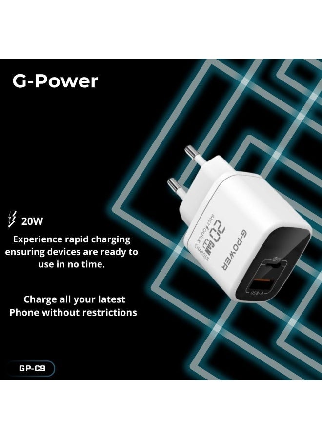 جي باور شاحن G-Power GP-C9 بقوة 20 واط بمنفذي USB (USB-A و USB-C) يدعم تقنية الشحن السريع Qualcomm Quick Charge 3.0، متوافق مع أجهزة iPhone 14/14 Plus/14 Pro/14 Pro Max/13، و Galaxy، و Pixel 4/3، و iPad - أبيض - Image 4