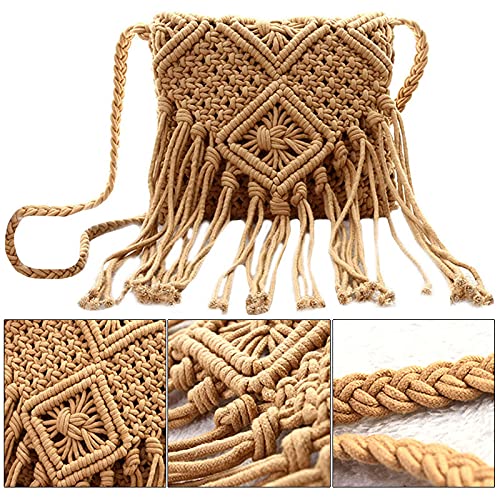 Lobagve Women Crochet Beach Bag Fringed Bohemian Crossbody Shoulder Purse Cotton Pouch (Brown) - Image 4