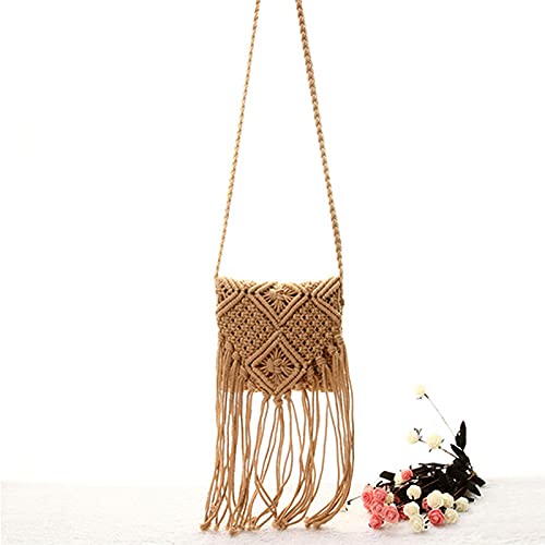 Lobagve Women Crochet Beach Bag Fringed Bohemian Crossbody Shoulder Purse Cotton Pouch (Brown) - Image 3