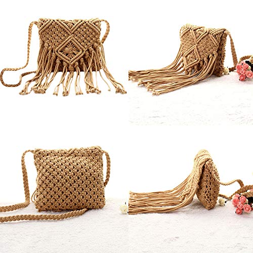 Lobagve Women Crochet Beach Bag Fringed Bohemian Crossbody Shoulder Purse Cotton Pouch (Brown) - Image 2