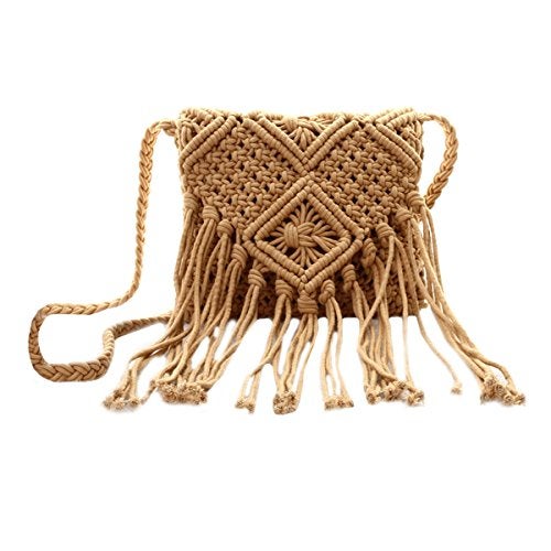 Lobagve Women Crochet Beach Bag Fringed Bohemian Crossbody Shoulder Purse Cotton Pouch (Brown) - Image 1