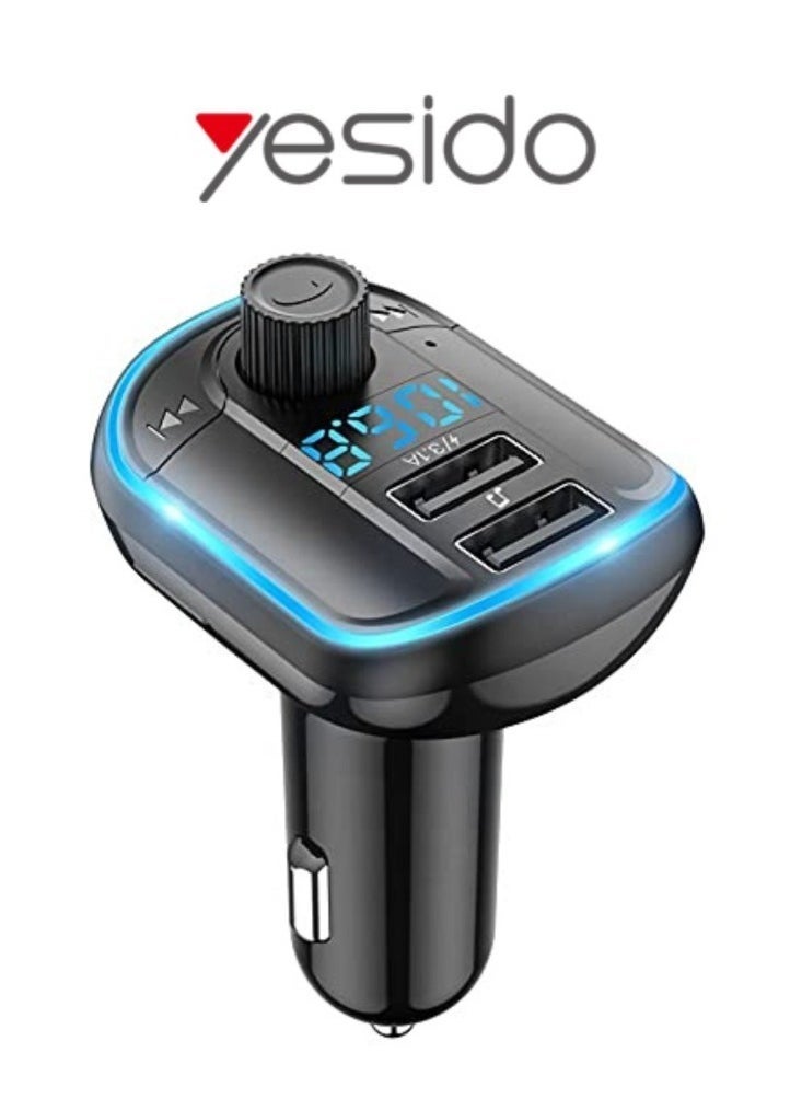 Yesido شاحن سيارة Y44 بلوتوث V5.0 مع جهاز إرسال FM – 3.1A منفذين USB مزدوجين، محول راديو لاسلكي مع شاشة LED رقمية مضاءة بخلفية RGB، تشغيل موسيقى HiFi، ميكروفون مدمج للمكالمات بدون استخدام اليدين، توافق عالمي مع آيفون، سامسونج، هواوي، والمزيد - Image 1