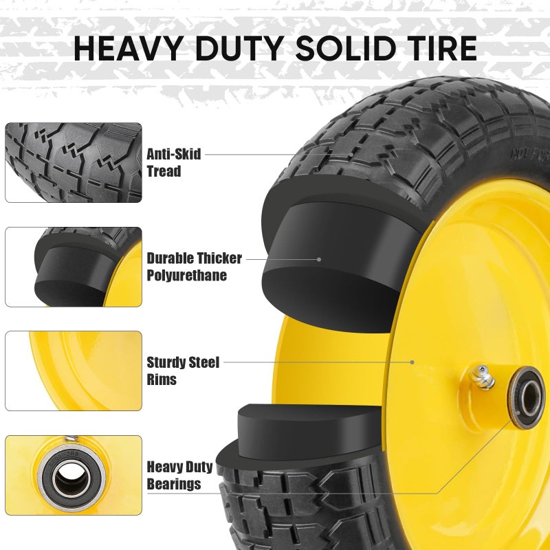 TICONN إطار TICONN 4.80/4.00-8، إطار وعجلة عربة يدوية 14.5" خالية من الهواء، إطارات بديلة صلبة مع محور مركزي 3"، محامل 5/8" و3/4"، ملائمة عالمية 4.80/4.00-8، 3.50/3.00-8، 4.00-6 (أصفر) - Image 2