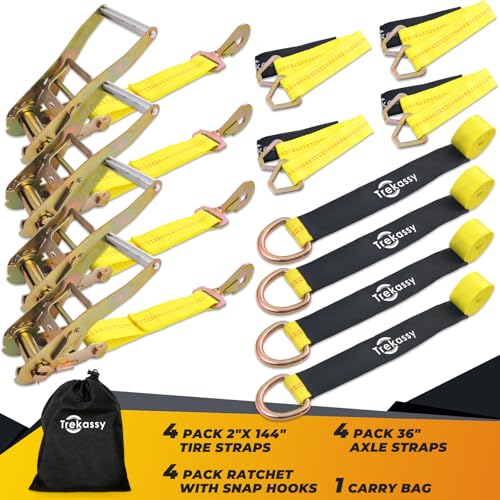Trekassy 2”x 144” Car Tie Down Straps for Trailers Heavy Duty, 10000lbs Break Strength, 4 Pack Steel Ratchet, 4 Adjustable Car Hauler Straps, 4 Axle Straps - Image 2