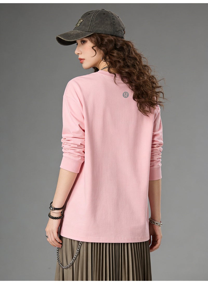 Lululemon Women's Extra Large Light Pink Long Sleeve Shirt - Soft 100% Cotton Round Neck Top, Weighing 320g, Featuring Minimalist Logo, Suitable for Casual Sports and Home Wear. - Image 1