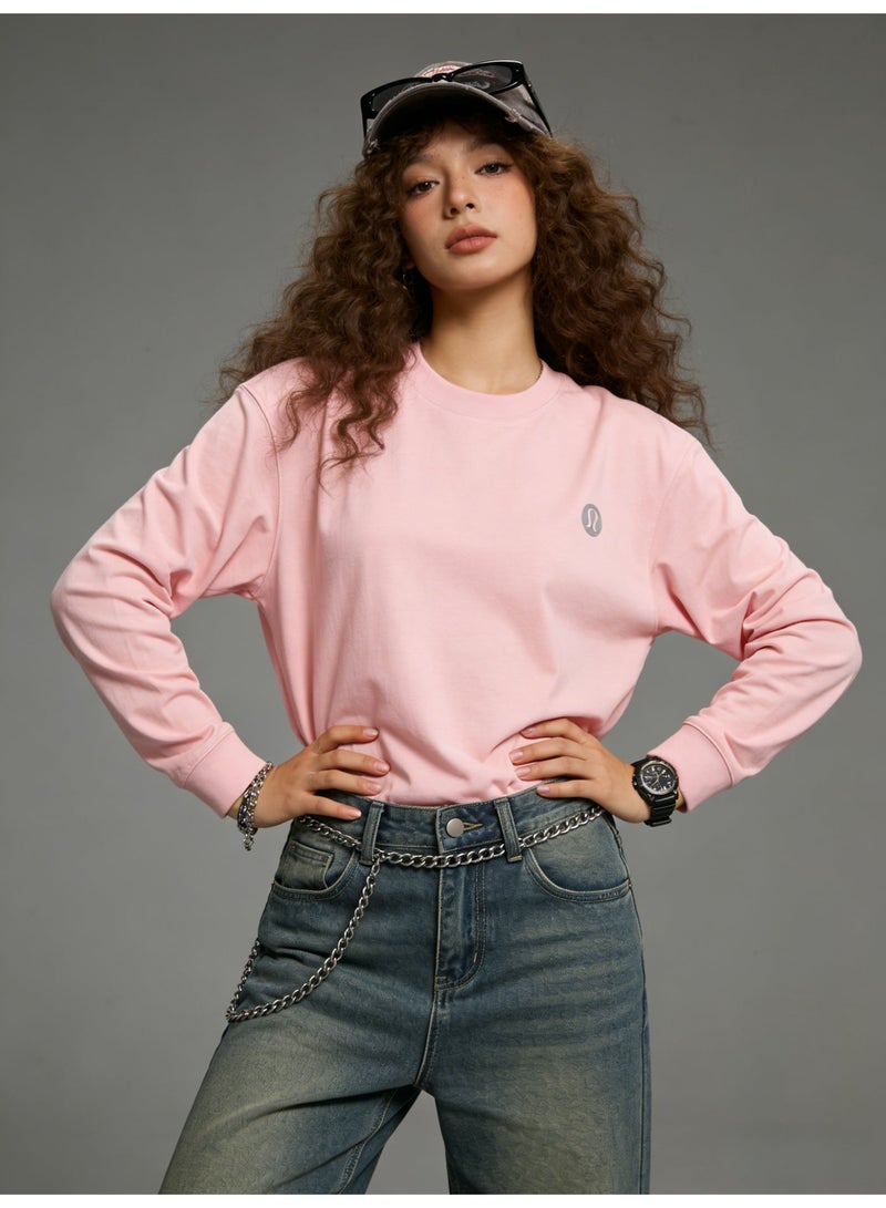 Lululemon Women's Extra Large Light Pink Long Sleeve Shirt - Soft 100% Cotton Round Neck Top, Weighing 320g, Featuring Minimalist Logo, Suitable for Casual Sports and Home Wear. - Image 2