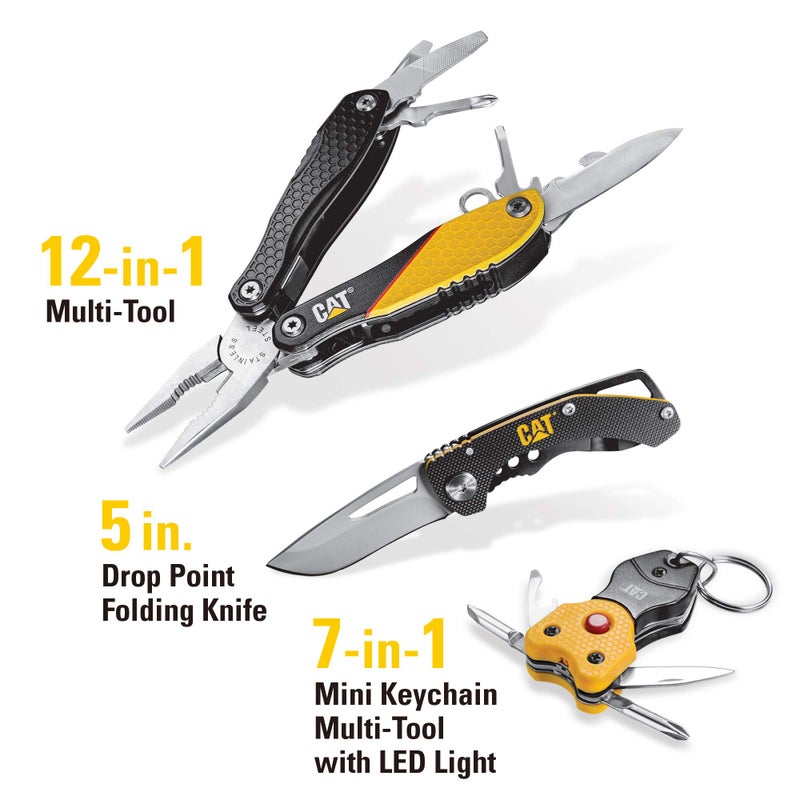 Cat 3 Piece 12-in-1 Multi-Tool, Knife, and Multi-Tool Key Chain Gift Box Set - 240192 , Yellow - Image 2