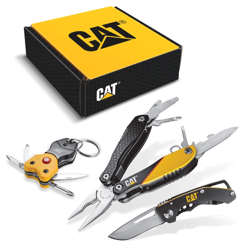 Cat 3 Piece 12-in-1 Multi-Tool, Knife, and Multi-Tool Key Chain Gift Box Set - 240192 , Yellow - Image 1