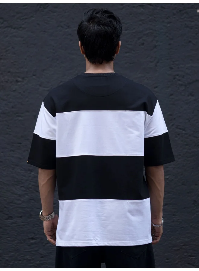 Maniac Mens ColorBlock Round Neck 3/4th Sleeve Black and White Cotton T-Shirt