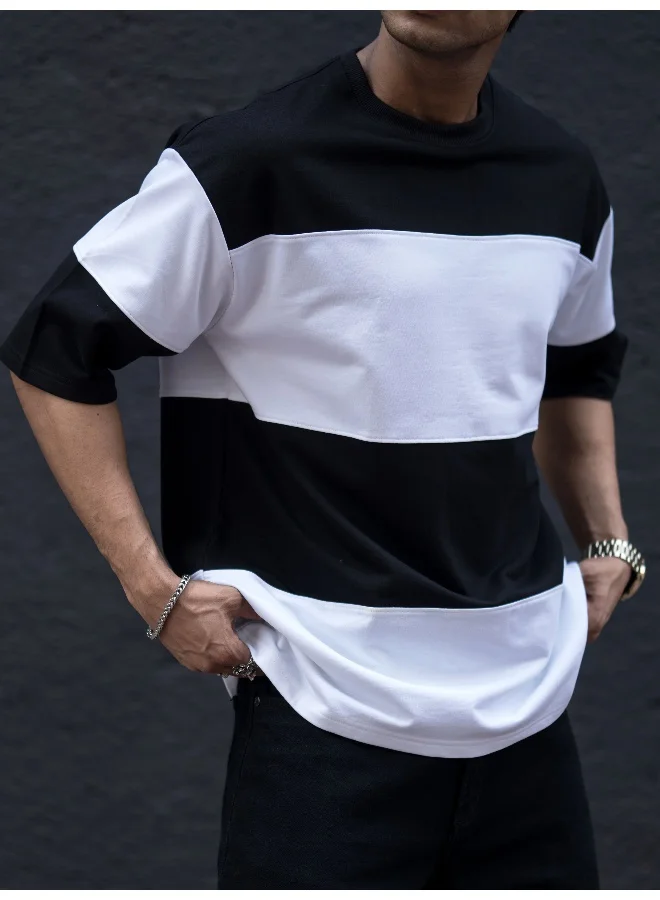 Maniac Mens ColorBlock Round Neck 3/4th Sleeve Black and White Cotton T-Shirt