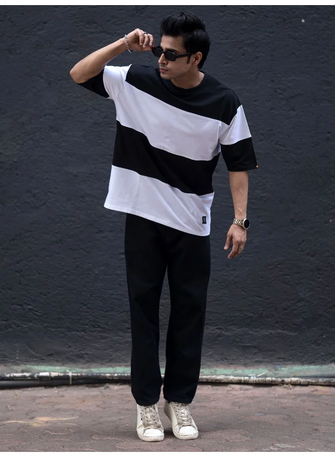 Maniac Mens ColorBlock Round Neck 3/4th Sleeve Black and White Cotton T-Shirt