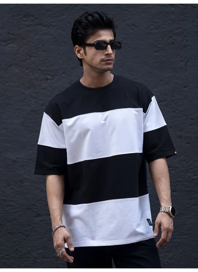 مانياك Mens ColorBlock Round Neck 3/4th Sleeve Black and White Cotton T-Shirt