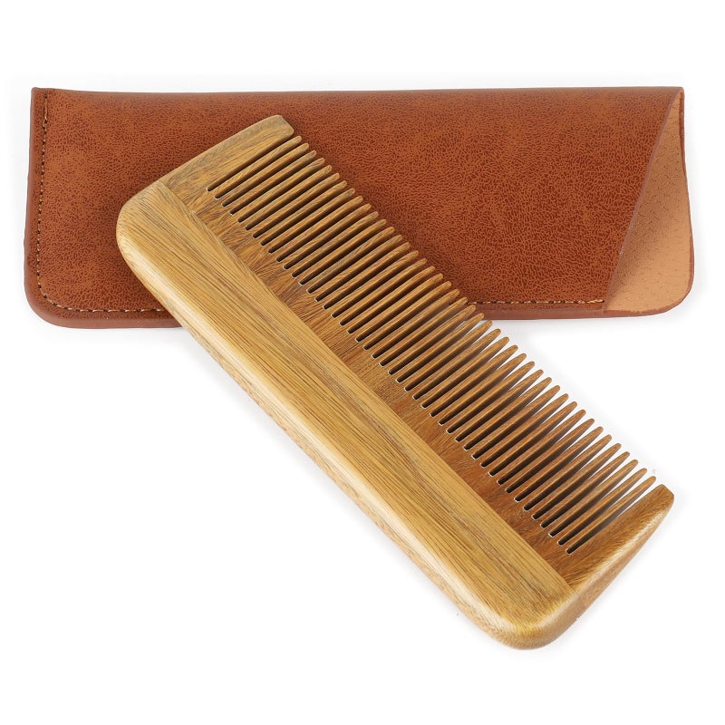 Onedor Handmade 100 Natural Green Sandalwood Wooden Comb for Men Hair Beard and Mustache Styling Pocket Comb With Leather Case Short