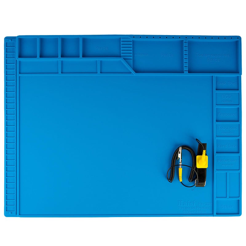 Kaisi Large Soldering Mat Heat ResistantSilicone work matMagnetic solder matElectronic Solder Pad with Anti Static Wrist Strap for Soldering StationPhoneLaptopTabletWatch RepairBlue - Image 2