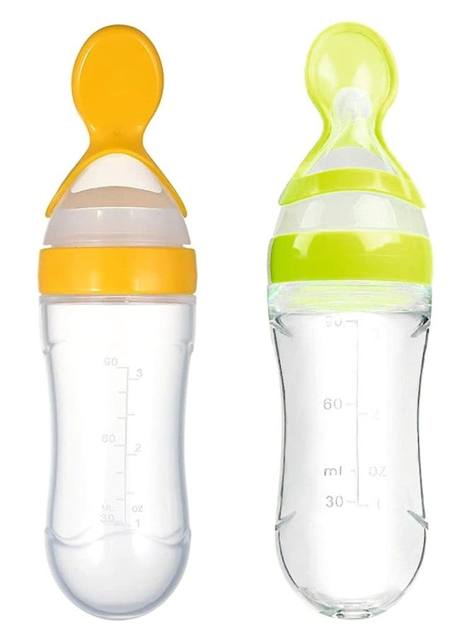 Roforuf Newborn Baby Feeding Spoon Bottle 90ML, Silicone Squeeze Feeding Spoon for Milk/Rice Paste Feeder/Baby Food Feeder/Cereal Bottle/Fruit Feeder (Yellow & Green 2 pc) - Image 1