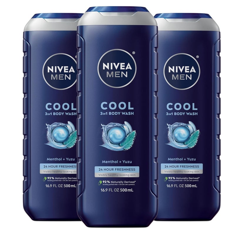 NIVEA MEN Cool Body Wash Icy Menthol and Yuzu Scent 3in1 Mens Body Wash Face and Hair Paraben Free pHSkin Friendly 169 Fl Oz Bottle Pack of 3