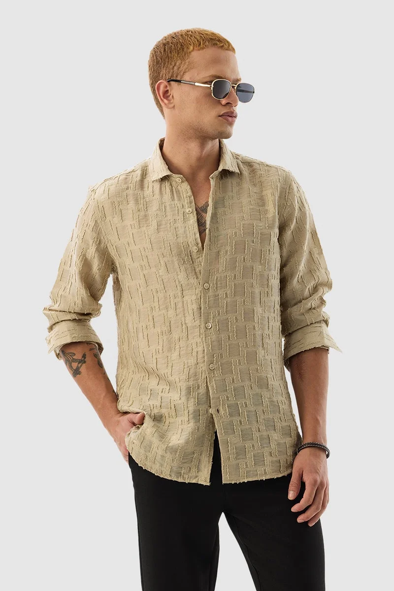 SNITCH Beige Textured Long Sleeve Slim Fit Luxe Shirt