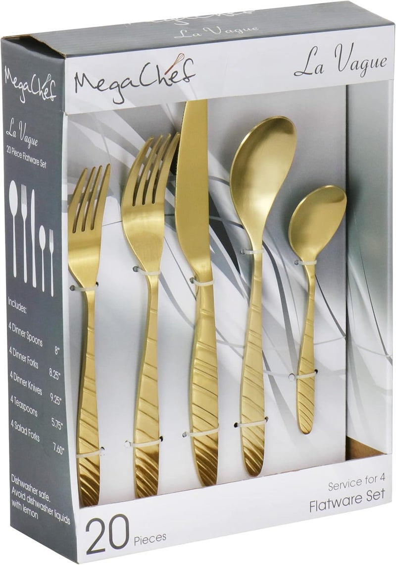 MegaChef La Vague 20 Piece Flatware Utensil Set Stainless Steel Silverware Metal Service for 4 in Matte Gold - Image 1