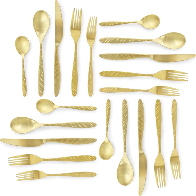 MegaChef La Vague 20 Piece Flatware Utensil Set Stainless Steel Silverware Metal Service for 4 in Matte Gold - Image 3