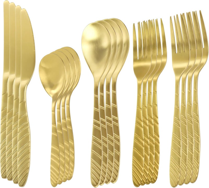 MegaChef La Vague 20 Piece Flatware Utensil Set Stainless Steel Silverware Metal Service for 4 in Matte Gold - Image 2