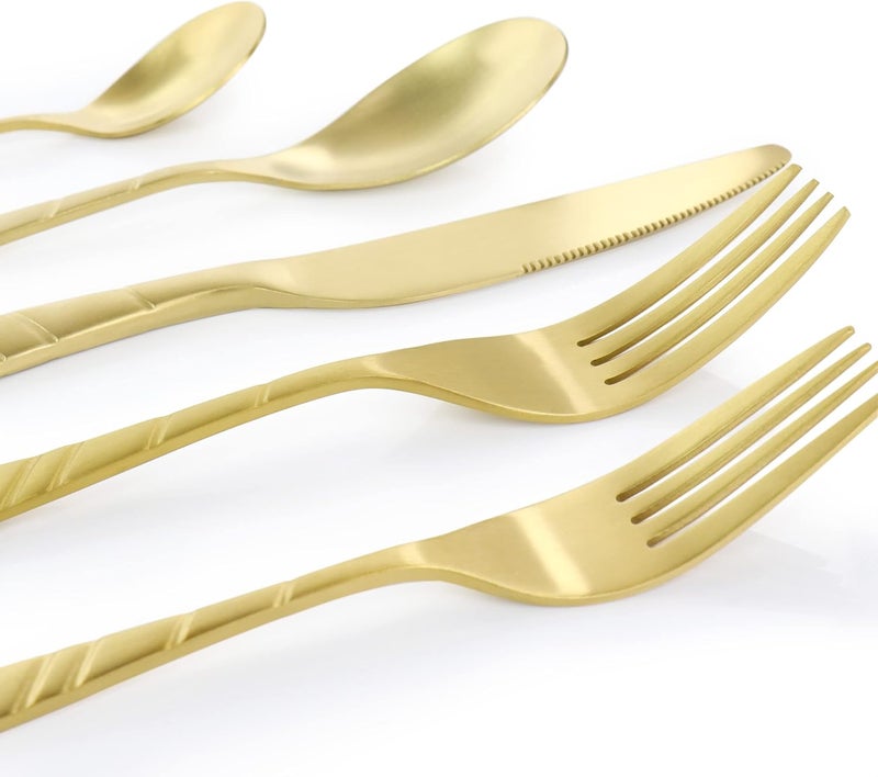 MegaChef La Vague 20 Piece Flatware Utensil Set Stainless Steel Silverware Metal Service for 4 in Matte Gold - Image 5