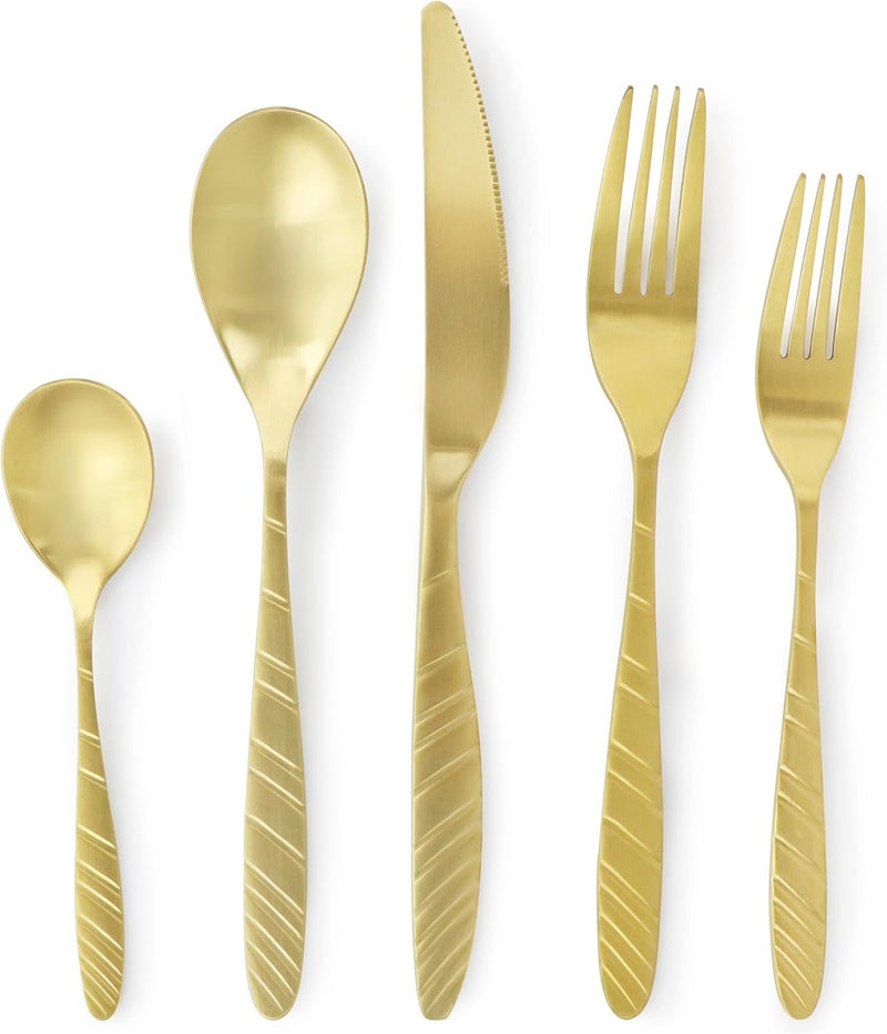 MegaChef La Vague 20 Piece Flatware Utensil Set Stainless Steel Silverware Metal Service for 4 in Matte Gold - Image 4