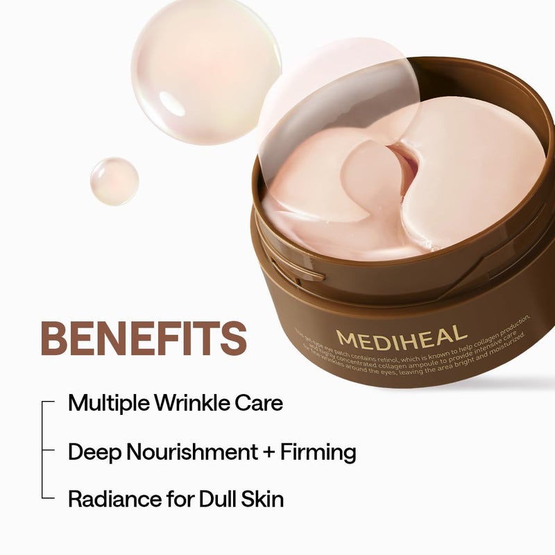 MEDIHEAL لصقات تحت العين من ميديهيال ريتينول كولاجين - وسادات هيدروجيل كورية (60 لصقة) مع 95% ريتينول و5% كولاجين ميكرو. قناع جل للعين مغذي وغير مهيج. يشمل غطاء محكم وملعقة. - Image 3