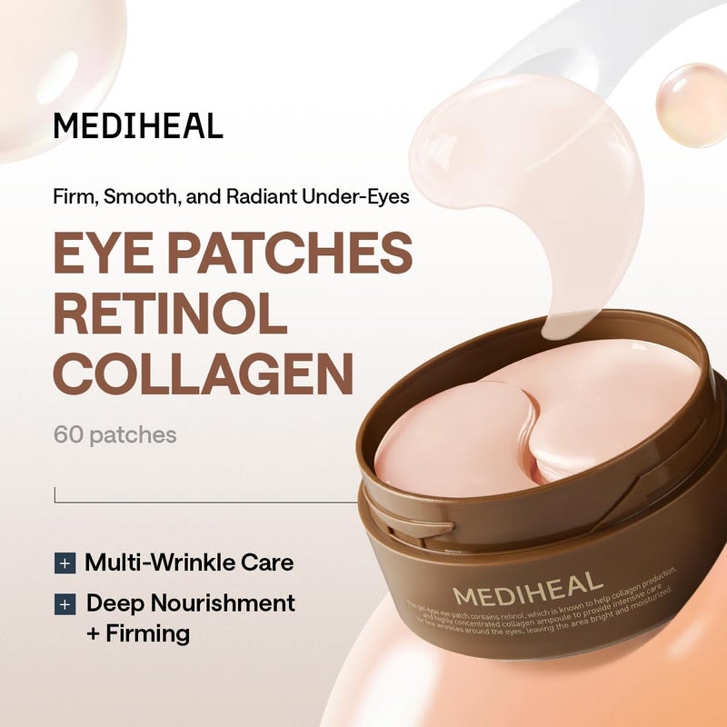 MEDIHEAL لصقات تحت العين من ميديهيال ريتينول كولاجين - وسادات هيدروجيل كورية (60 لصقة) مع 95% ريتينول و5% كولاجين ميكرو. قناع جل للعين مغذي وغير مهيج. يشمل غطاء محكم وملعقة. - Image 2
