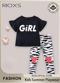 RIOXS Kids Girls Top and Pants Sets Kids Short Sleeve Shirt Long Pants Suits Breathable 100% Cotton Outfits Summer Playwear  - Image 1