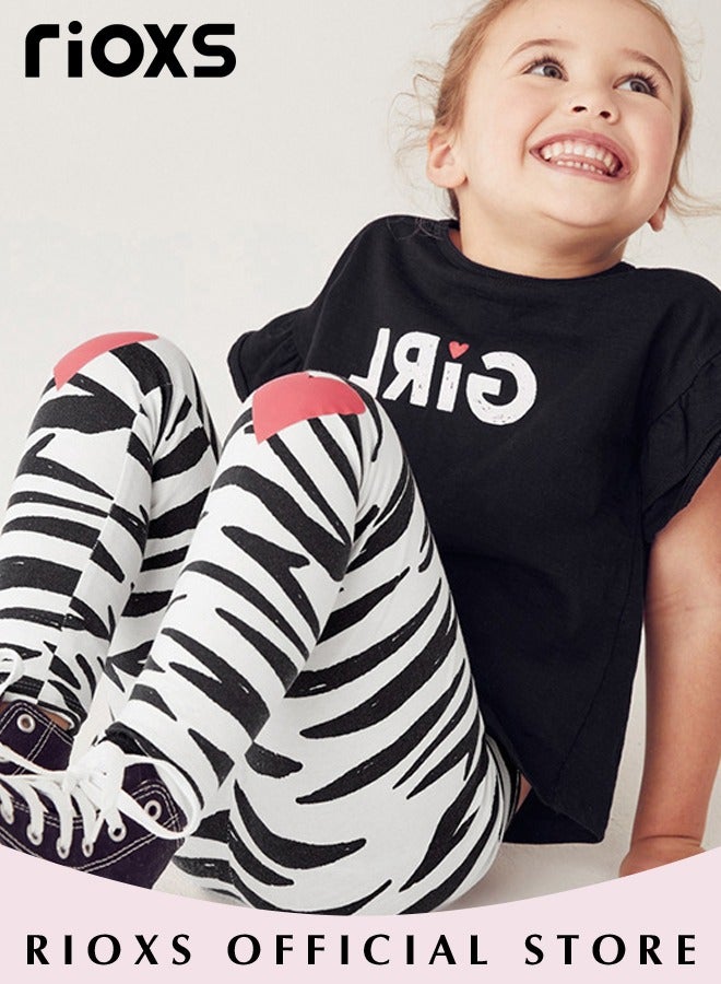 RIOXS Kids Girls' Top and Pants Set, Little Girls' Short Sleeve Shirt and Long Pants Suits, Short Ruffled Sleeve with Zebra Strip Long Pants, 100% Cotton Breathable Outfits Summer Playwear for Casual, Daily Wear, Indoor and Outdoor, Black and White - Image 4