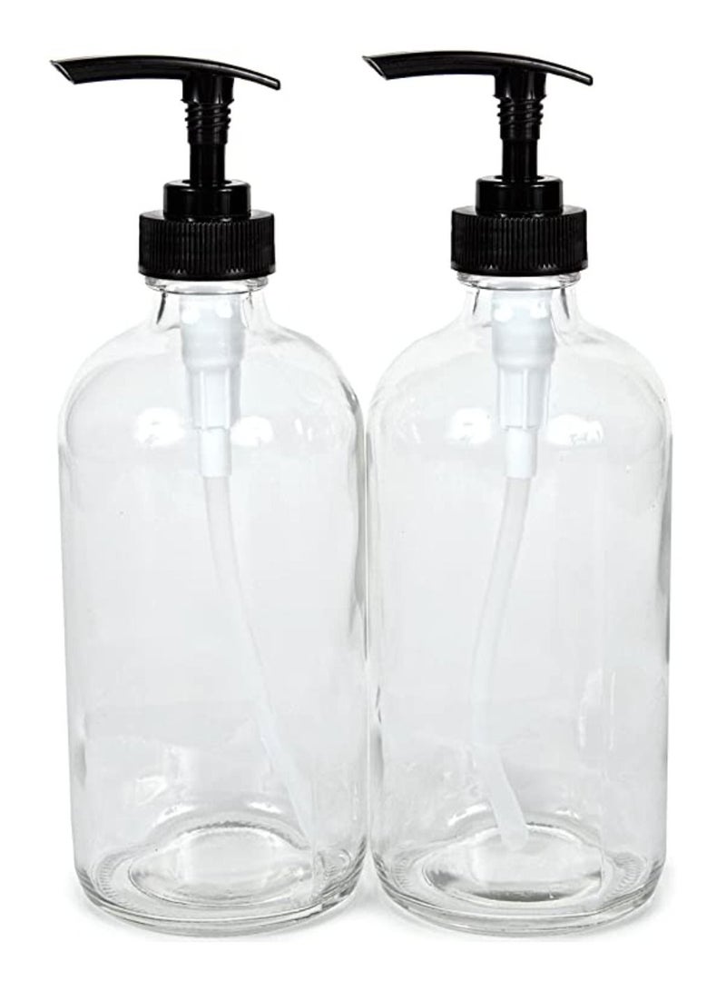 QUESERA 2 Large 16 oz Empty Clear Glass Bottles with Black Lotion Pumps - Image 1