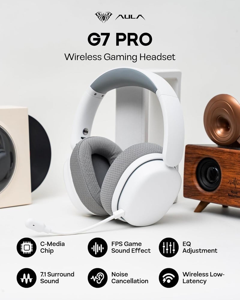 EPOMAKER X AULA G7 Pro Wireless Gaming Headset, Dual Mode BT5.3 & 2.4GHz, 7.1 Surround Sound, 80+ Hour Battery, RGB Light, with Noise Canceling Mic for PS5, PS4, Switch, PC (White) - Image 2