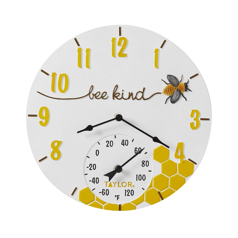 Taylor Taylor Bee Kind Poly Resin Indoor and Outdoor Clock and Thermometer Home Decor for Garden Patio Pool and Indoor Areas 14inch MultiColor 