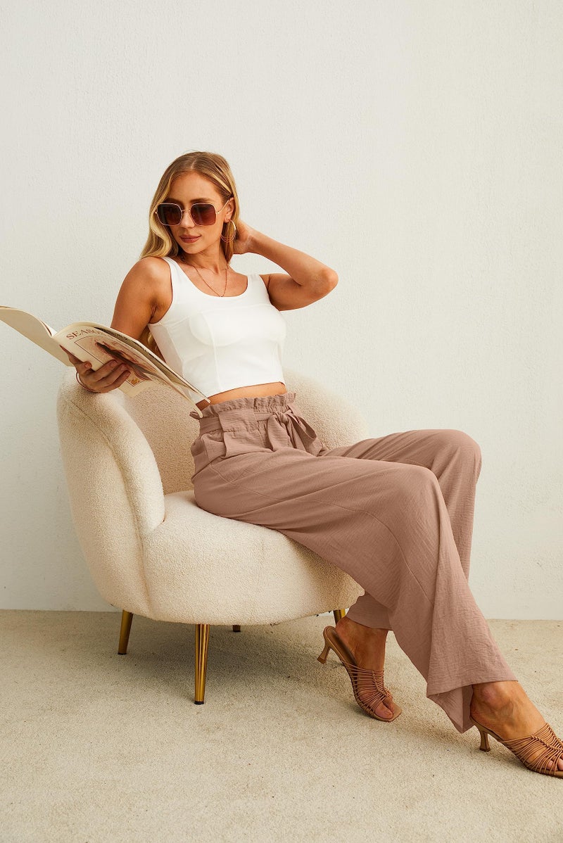 IWOLLENCE Women's Wide Leg Pants with Pockets High Waist Adjustable Knot Loose Casual Trousers Business Work Casual Pants Khaki Medium - Image 5
